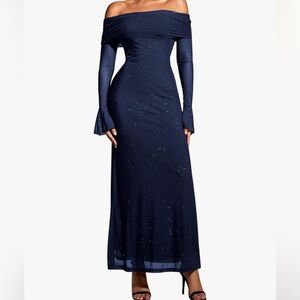 Off-Shoulder Navy Sparkle Maxi Dress